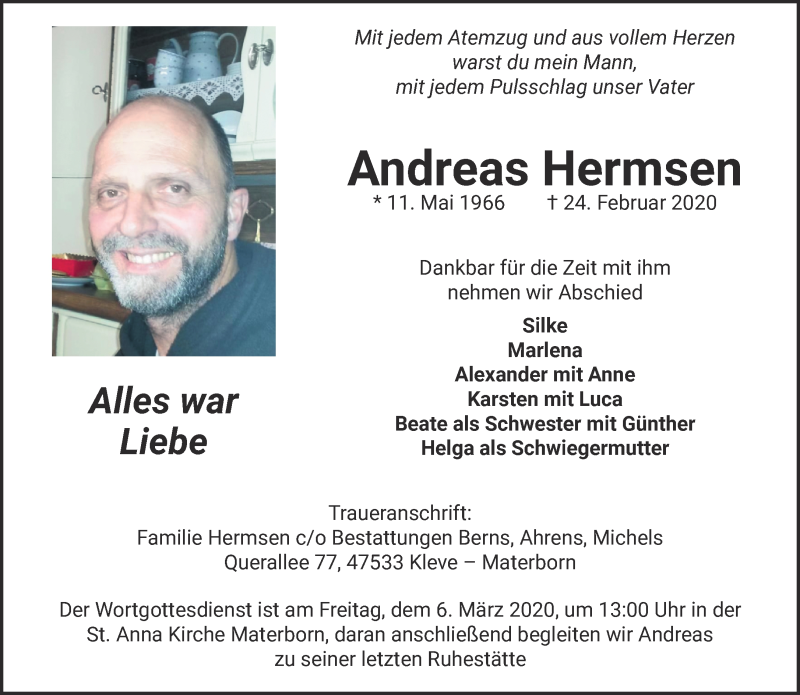  Traueranzeige für Andreas Hermsen vom 29.02.2020 aus 