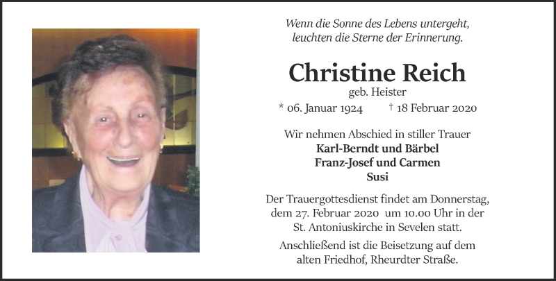  Traueranzeige für Christine Reich vom 22.02.2020 aus 