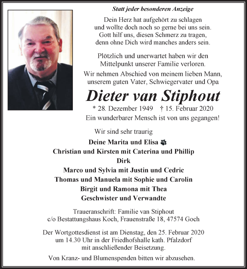  Traueranzeige für Dieter van Stiphout vom 22.02.2020 aus 