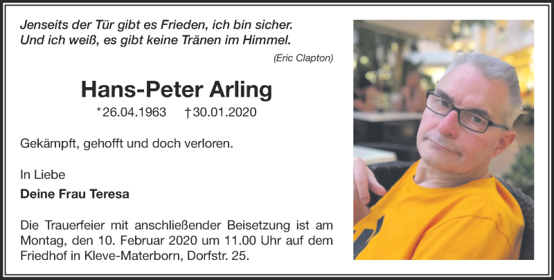  Traueranzeige für Hans-Peter Arling vom 05.02.2020 aus 