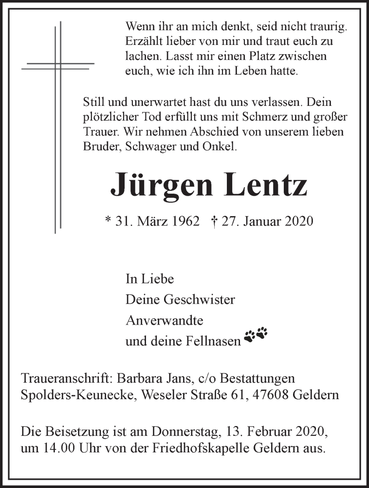  Traueranzeige für Jürgen Lentz vom 08.02.2020 aus 