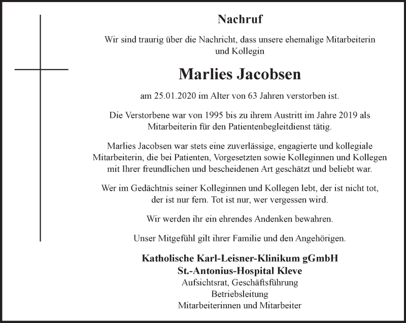  Traueranzeige für Marlies Jacobsen vom 15.02.2020 aus 