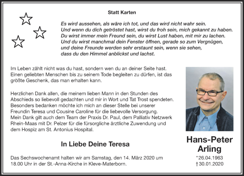  Traueranzeige für Hans-Peter Arling vom 07.03.2020 aus 