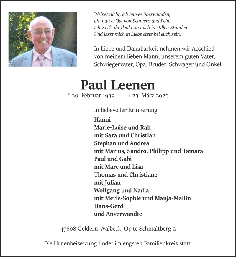  Traueranzeige für Paul Leenen vom 28.03.2020 aus 