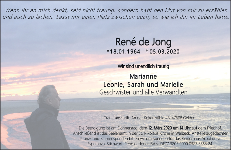  Traueranzeige für René de Jong vom 11.03.2020 aus 