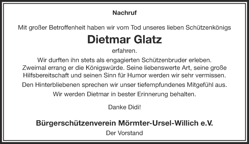  Traueranzeige für Dietmar Glatz vom 01.04.2020 aus 