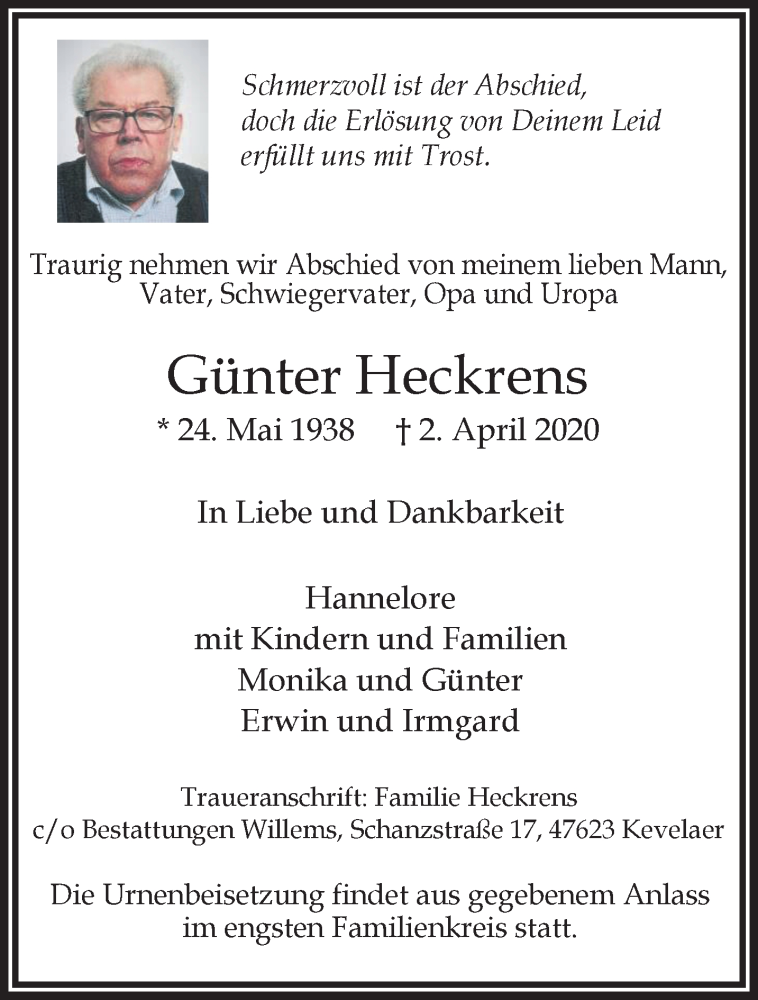  Traueranzeige für Günter Heckrens vom 08.04.2020 aus 