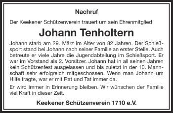 Traueranzeige von Johann Tenholtern 