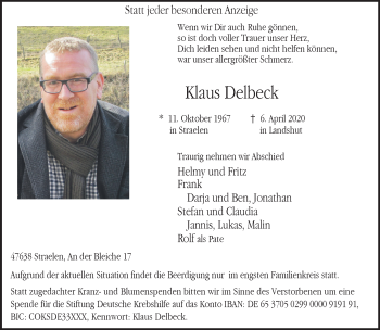 Traueranzeige von Klaus Delbeck 
