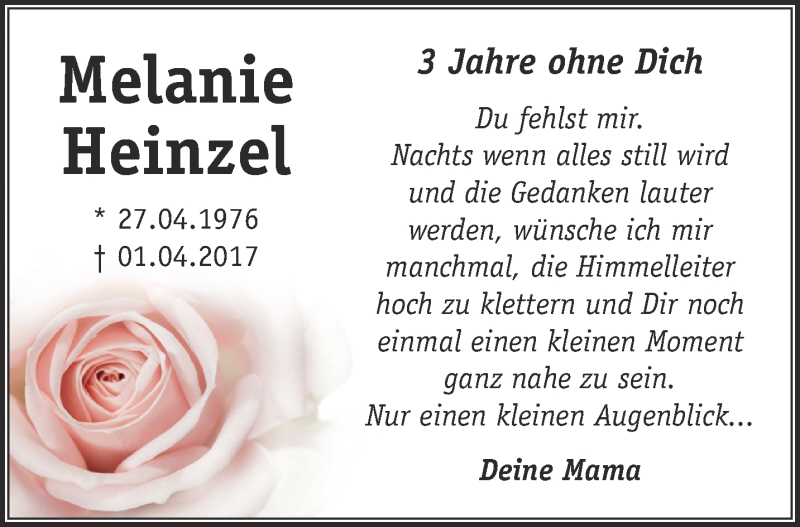  Traueranzeige für Melanie Heinzel vom 01.04.2020 aus 