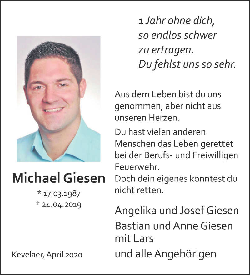  Traueranzeige für Michael Giesen vom 25.04.2020 aus 