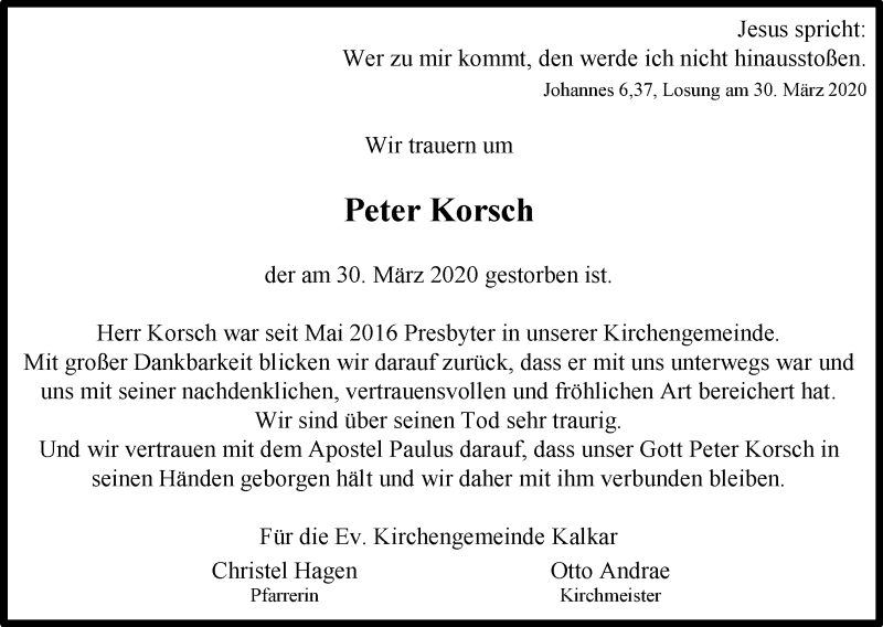  Traueranzeige für Peter Korsch vom 04.04.2020 aus 