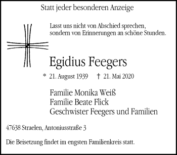 Traueranzeige von Egidius Feegers 