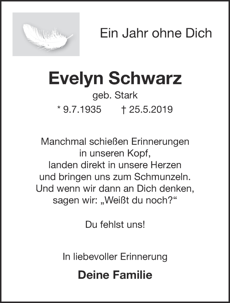  Traueranzeige für Evelyn Schwarz vom 23.05.2020 aus 