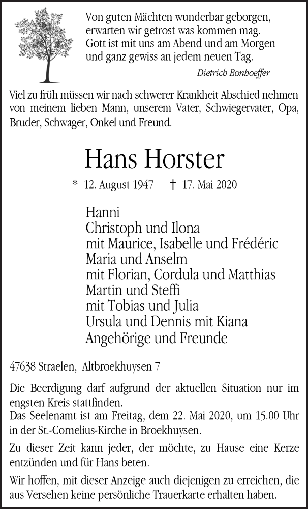  Traueranzeige für Hans Horster vom 20.05.2020 aus 