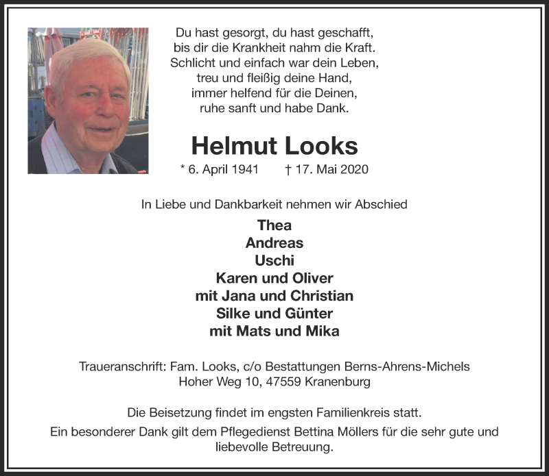 Traueranzeige für Helmut Looks vom 23.05.2020 aus 