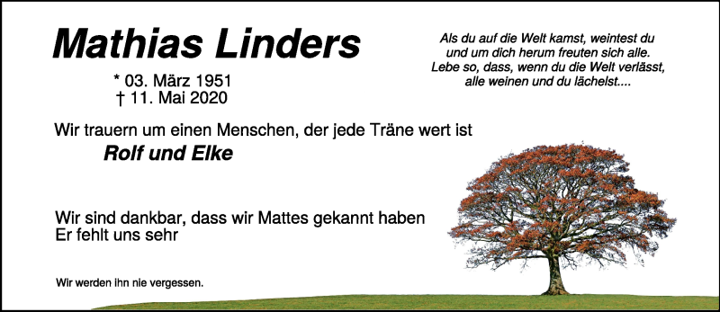  Traueranzeige für Mathias Linders vom 20.05.2020 aus 