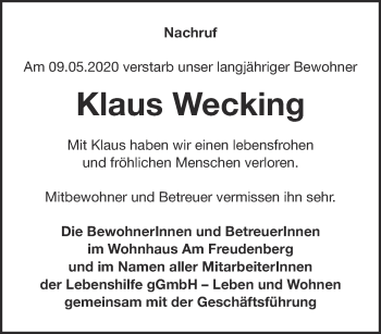 Traueranzeige von Klaus Wecking 