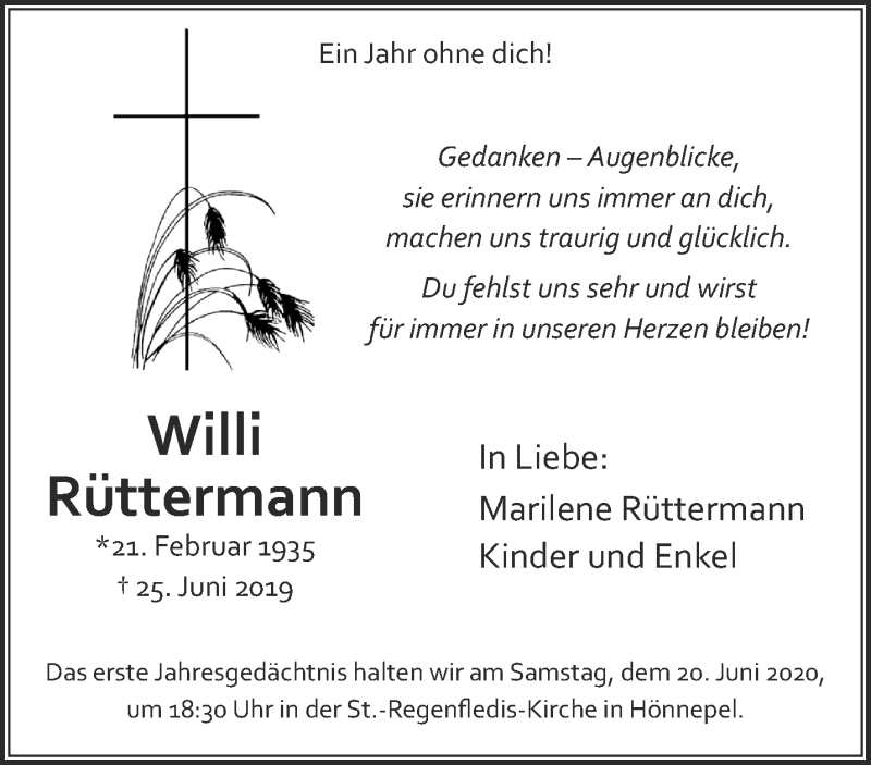  Traueranzeige für Willi Rüttermann vom 13.06.2020 aus 