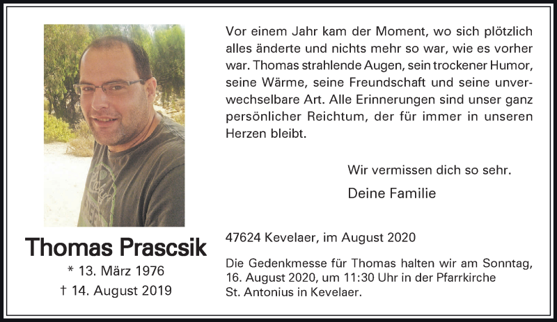  Traueranzeige für Thomas Prascsik vom 08.08.2020 aus 