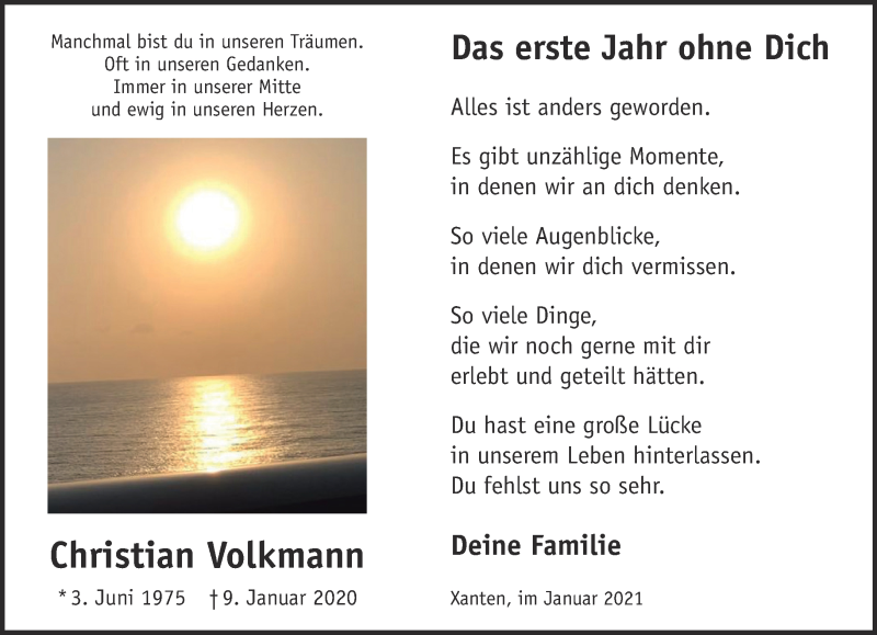  Traueranzeige für Christian Volkmann vom 09.01.2021 aus 