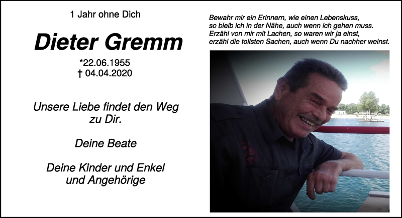  Traueranzeige für Dieter Gremm vom 03.04.2021 aus 
