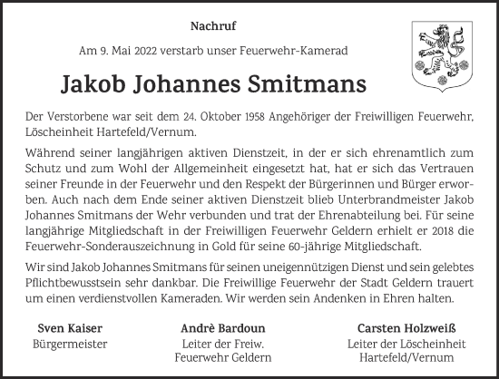 Traueranzeige von Jakob Johannes Smitmans 