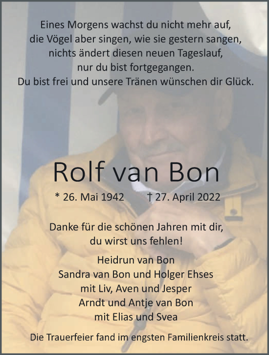 Traueranzeige von Rolf van Bon 