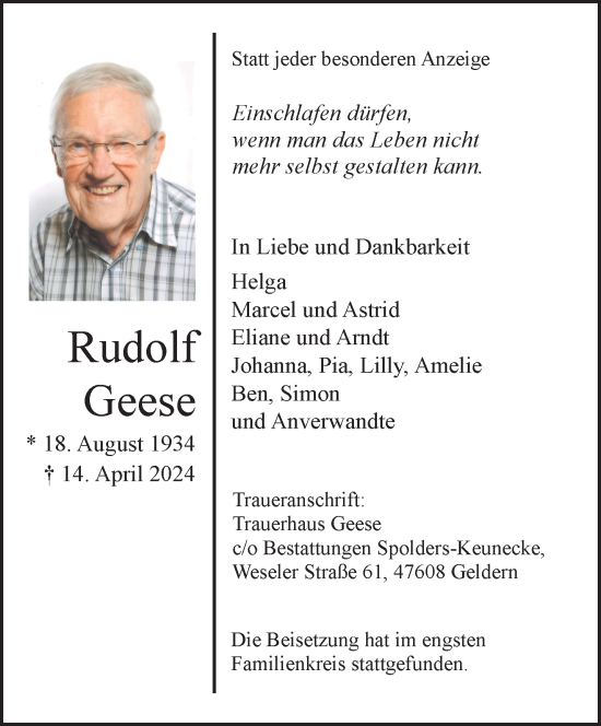 Traueranzeige von Rudolf Geese von NNA