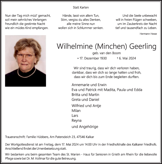 Traueranzeige von Wilhelmine  Geerling von NNA