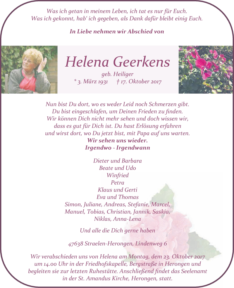  Traueranzeige für Helena Geerkens vom 21.10.2017 aus 