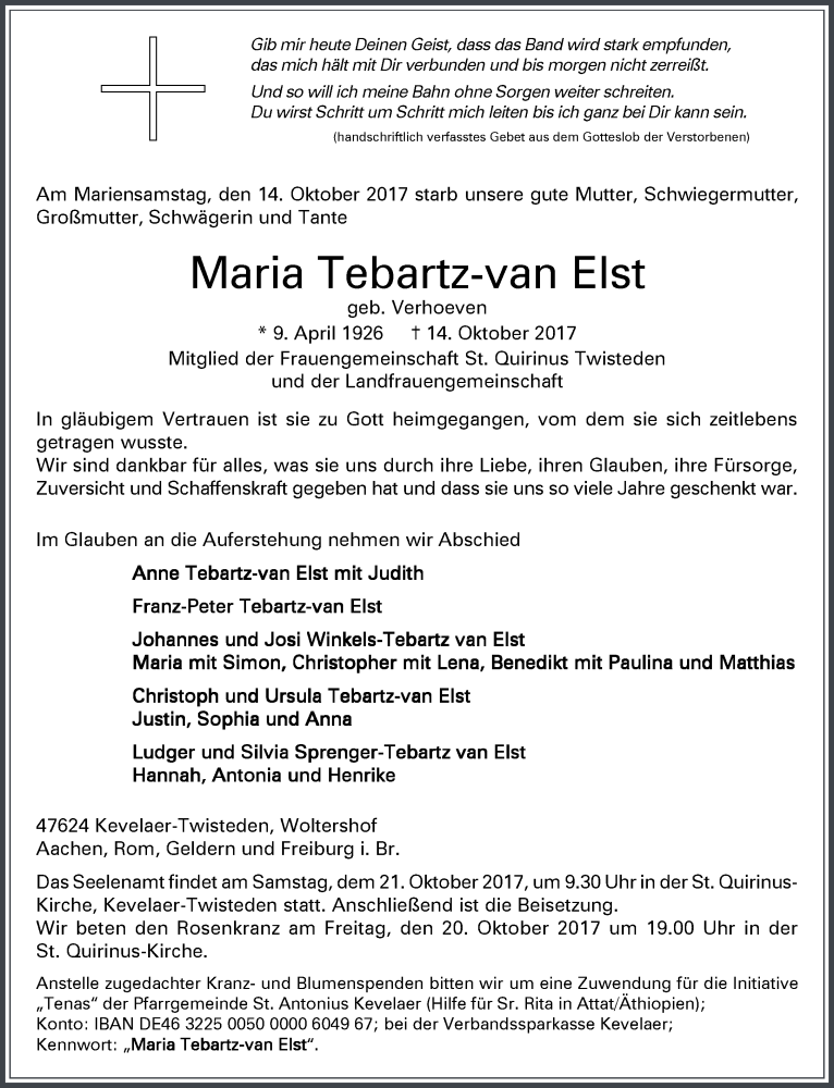  Traueranzeige für Maria Tebartz-van Elst vom 18.10.2017 aus 