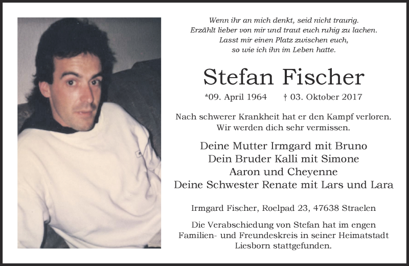  Traueranzeige für Stefan Fischer vom 14.10.2017 aus 
