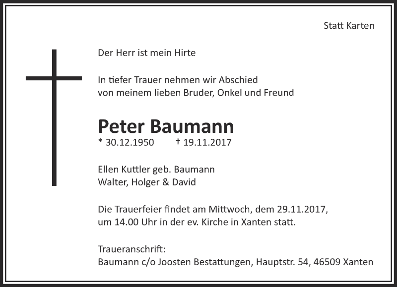  Traueranzeige für Peter Baumann vom 25.11.2017 aus 