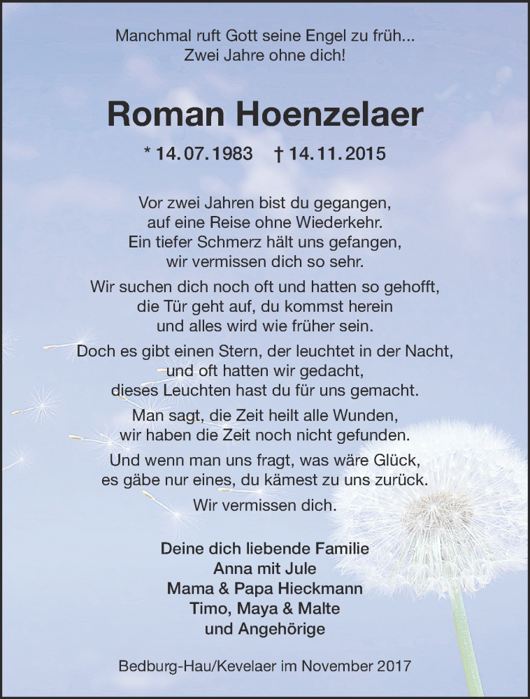  Traueranzeige für Roman Hoenzelaer vom 11.11.2017 aus 