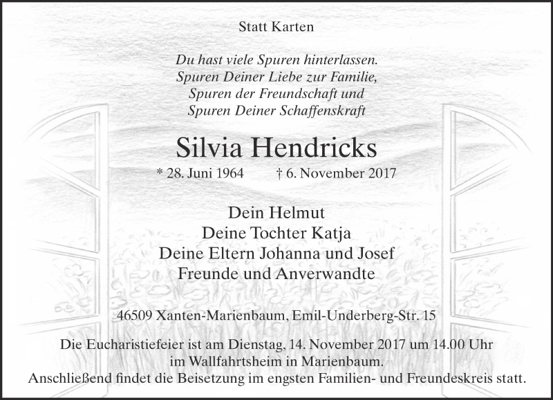  Traueranzeige für Silvia Hendricks vom 11.11.2017 aus 