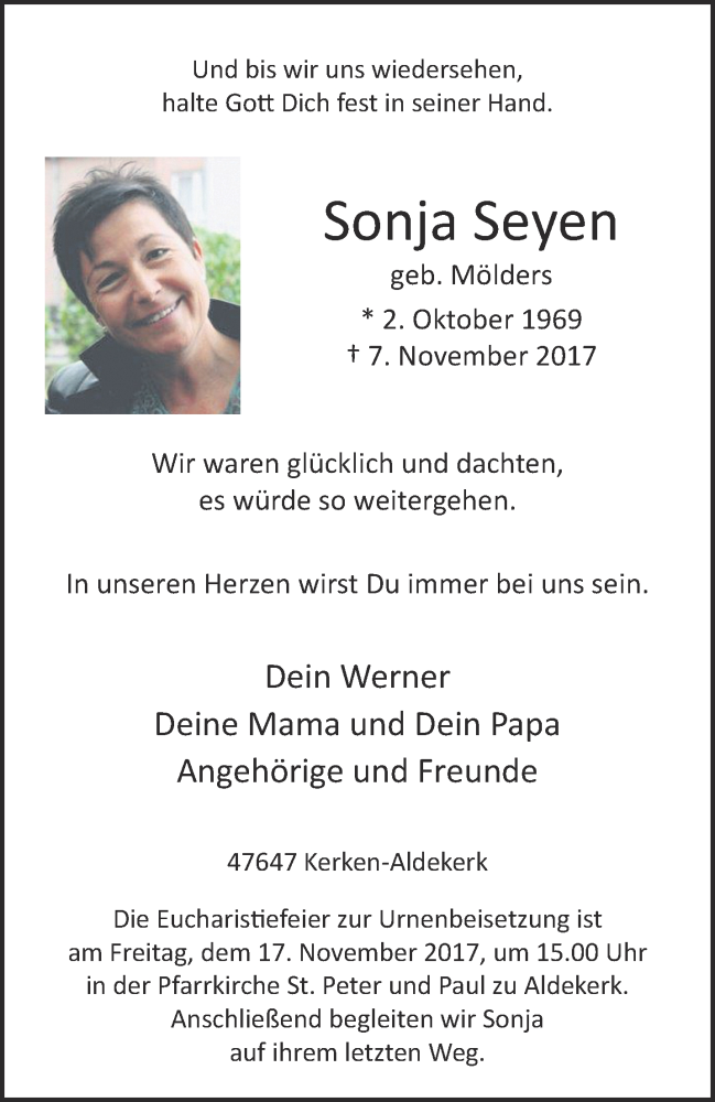  Traueranzeige für Sonja Seyen vom 11.11.2017 aus 