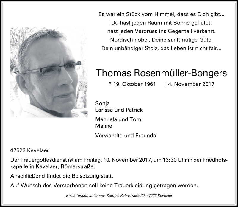  Traueranzeige für Thomas Rosenmüller-Bongers vom 08.11.2017 aus 