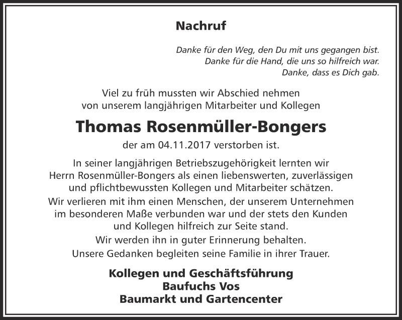  Traueranzeige für Thomas Rosenmüller-Bongers vom 11.11.2017 aus 