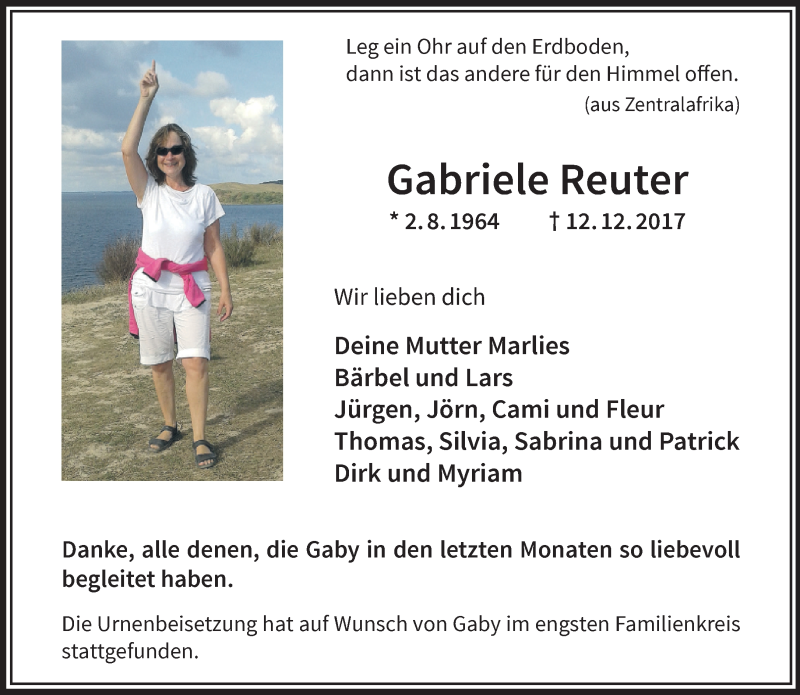  Traueranzeige für Gabriele Reuter vom 27.12.2017 aus 