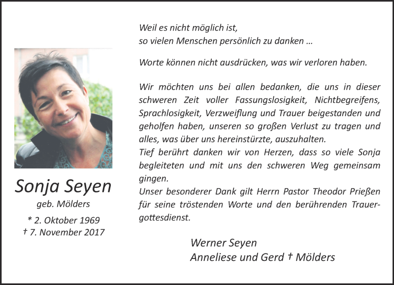  Traueranzeige für Sonja Seyen vom 30.12.2017 aus 