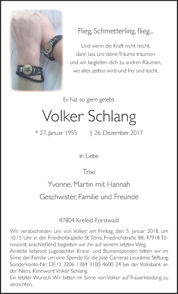  Traueranzeige für Volker Schlang vom 30.12.2017 aus 