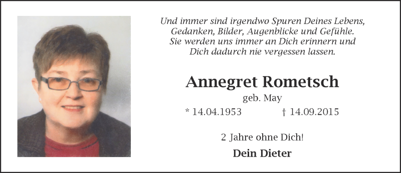  Traueranzeige für Annegret Rometsch vom 16.09.2017 aus 