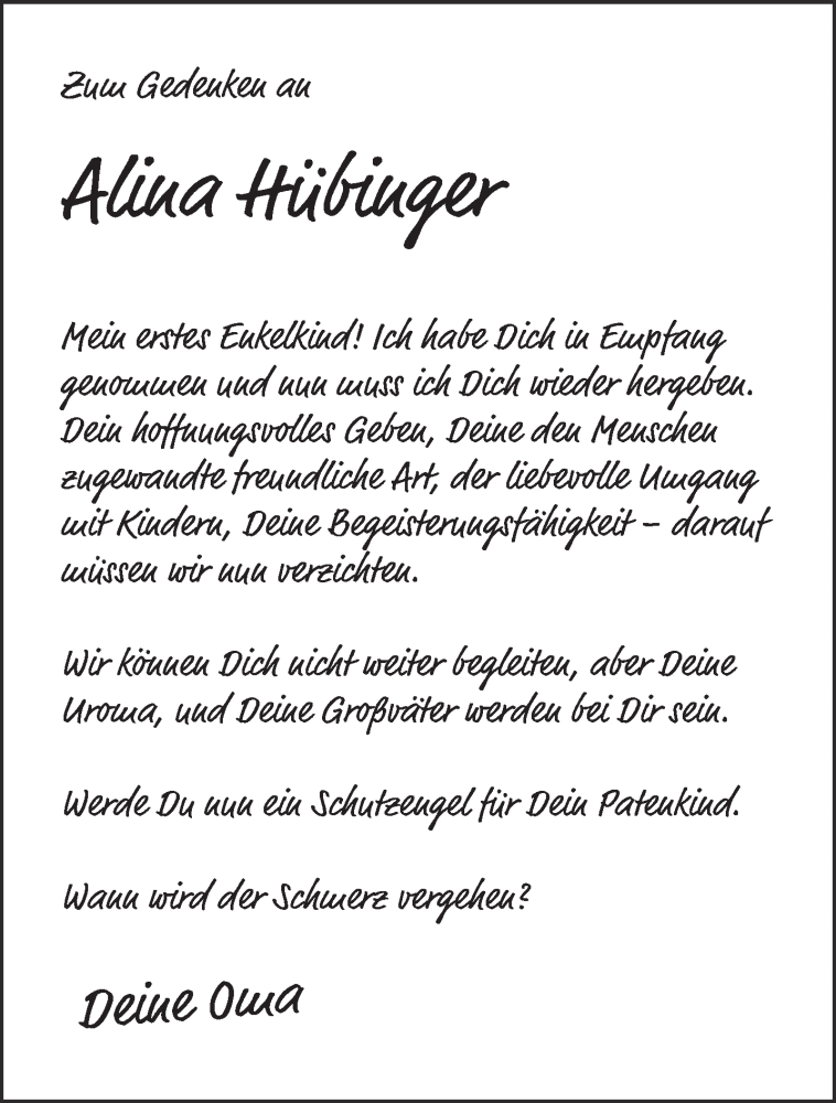  Traueranzeige für Alina Hübinger vom 20.01.2018 aus 