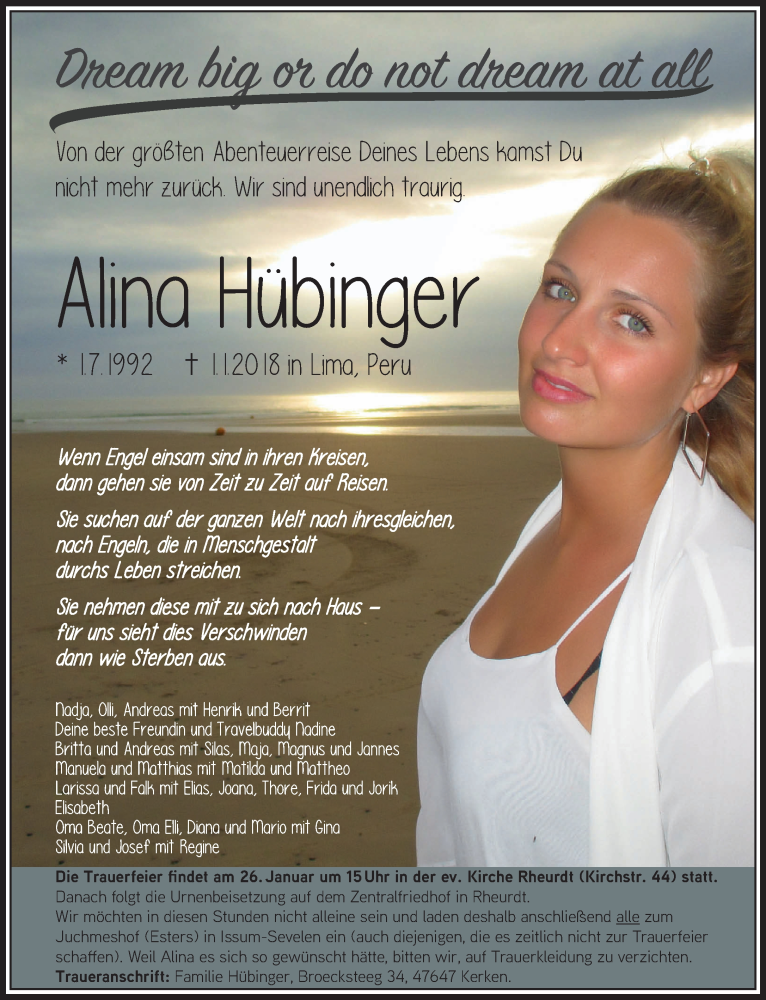  Traueranzeige für Alina Hübinger vom 20.01.2018 aus 