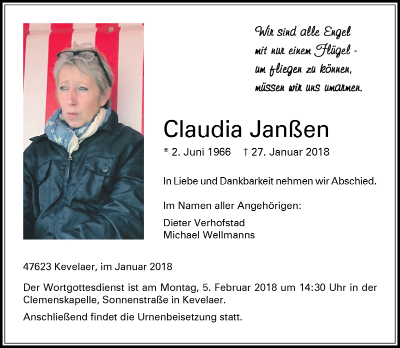  Traueranzeige für Claudia Janßen vom 31.01.2018 aus 
