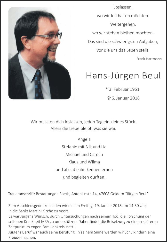  Traueranzeige für Hans-Jürgen Beul vom 13.01.2018 aus 