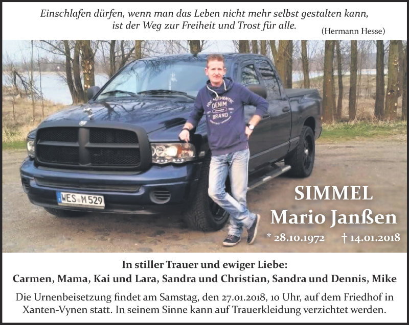  Traueranzeige für Mario Janßen vom 20.01.2018 aus 