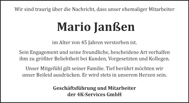  Traueranzeige für Mario Janßen vom 27.01.2018 aus 