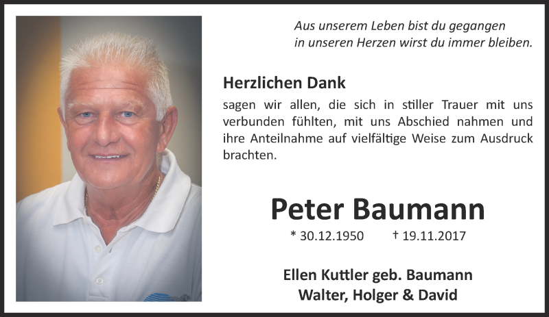  Traueranzeige für Peter Baumann vom 06.01.2018 aus 